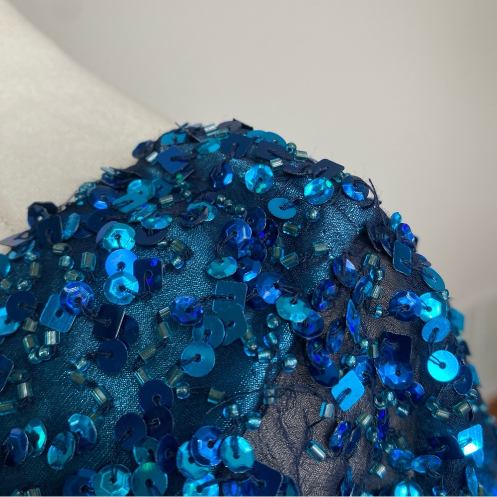 Vintage Women's Scala Blue Beaded Cap Sleeve Sheath Dress Size 14 Party Glam - Picture 12 of 16